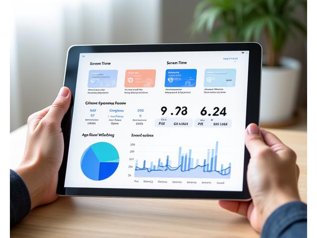 A vibrant dashboard displaying charts and graphs related to digital usage patterns, screen time, and well-being metrics, on a tablet.

