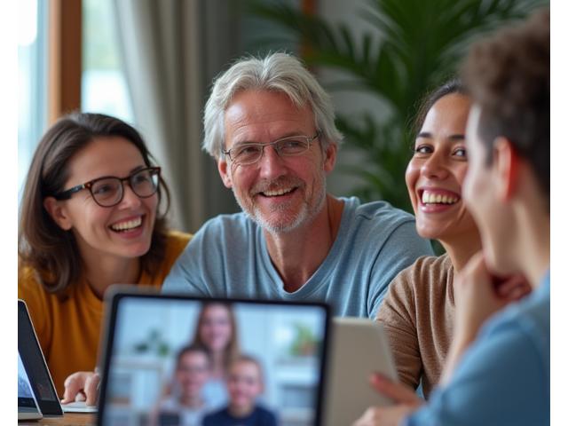 A diverse group of adults 35+ engaging in a vibrant online group video call on multiple screens, showing shared laughter and discussion. The focus is on connection and mutual support, with subtle green and gold highlights reflecting the brand's palette.
