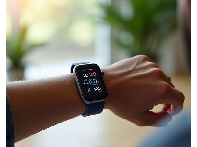 A person's wrist with a sleek fitness tracker displaying health metrics like heart rate and sleep patterns, surrounded by elements indicating balance, such as a subtle natural background and soft, diffused light, on a clean, light surface.
