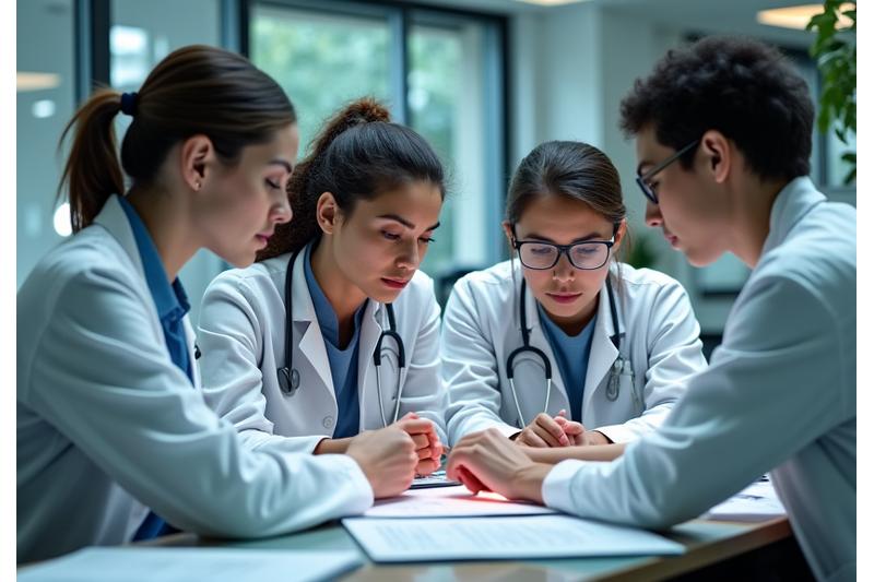 A diverse team of medical professionals and scientists reviewing documents and collaborating on laptops in a bright, modern office setting, symbolizing a rigorous editorial process.